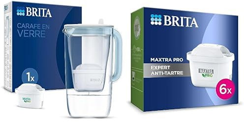BRITA Carafe Filtrante Verre Bleue (2,5l) incl. 1 cartouche filtre eau robinet MAXTRA PRO All-in-1 & Cartouche Filtre Eau Robinet MAXTRA PRO Expert anti-tartre - Pack de 6
