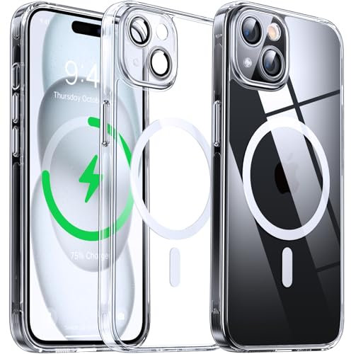 Flyzoo Clear Magnetic Case for iPhone 15 (6.1'') with Camera Protector, [Compatible with MagSafe] [Non-Yellowing] [Shockproof & Antiscratch Protection] Hard Transparent Cover with Silicone Edge, Clear