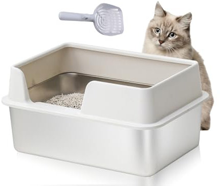 Bewinner Edelstahl Katzentoilette 19.7 x 13.8 x 9.8in - Open Top High Side Large Litter Pan mit Schaufel - Antihaft Glatte Oberfläche Katzentoilette für Katzen und Kaninchen
