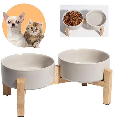 Gamelles Surélevées pour Chat et Chien - Doubles Bols en Céramique avec Support en Bambou - Idéales pour Chats et Chiots - 2 x 480 ML