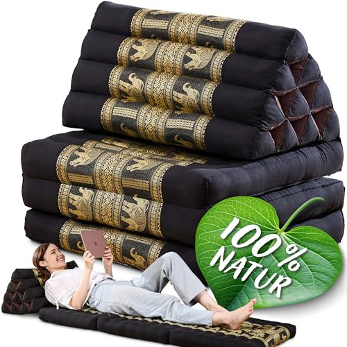 Namasdee Thaikissen 3 Auflagen 175x55x8cm mit 100% natürlicher Kapokfüllung (Schwarz/Elefanten Seide)