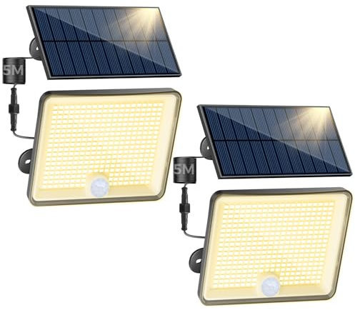 Peasur 2 Stück 3000K Solarlampen für Außen mit Bewegungsmelder, 348 LED Solar Strahler Außen, IP65 Wasserdicht Solarleuchten 3 Modi Solarlampe Garten mit 5m Kabel