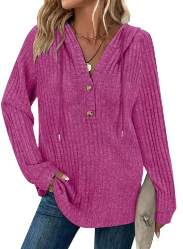 Ladies Hoodies Drawstring Long Sleeve Hoodies Longline Hoodies for Women Button V Neck Jumper for Women UK Ladies Lightweight Tunic Sweatshirt Hooded Tops Rose Pink L