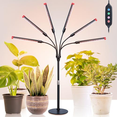 6Kopf Vollspektrum Schreibtisch Pflanzenlampe mit Zeitschaltuhr(4/8/12H), 54W EU-Eurostecker LED Pflanzenlicht für Zimmerpflanzen, 40-60CM Höhenverstellbare Wachstumslampe für Pflanzen