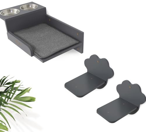 SONGWAY Étagère Murale pour Chat avec Mangeoire - Étagères et Perchoirs pour Chat avec 2 marches et 2 gamelles Chats, Station d'alimentation Surélevée Résistante aux Chiens, Meubles Muraux pour Chat
