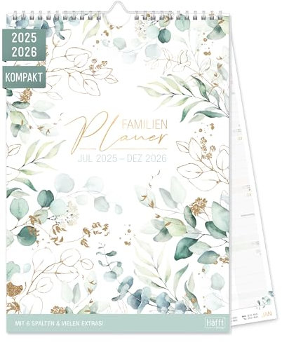 Häfft® Familienkalender 2025/2026 mit 6 Spalten Blattgold kompakter Wandkalender für 18 Monate Jul 25 bis Dez 26 - Familienplaner Wandplaner 22,5 x 32,4 cm - nachhaltig & klimafreundlich