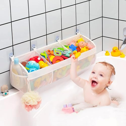 Mailfull Porta Giochi Vasca da Bagno Organizzatore per Giocattoli per Vasca da Bagno e Doccia con 5 Gancio Autoadesivo Rete per Vasca per Riporre e Organizzare