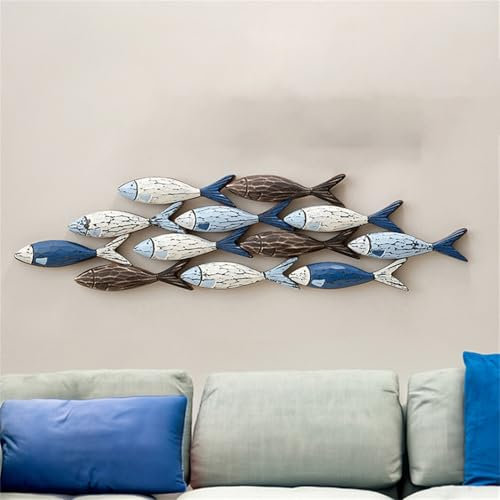 CKHSYZQ Große Fischschwarm-Dekoration, Fisch-Wanddekoration aus Holz, handgeschnitzte Fischschwarm-Wanddekoration aus Holz im mediterranen Stil