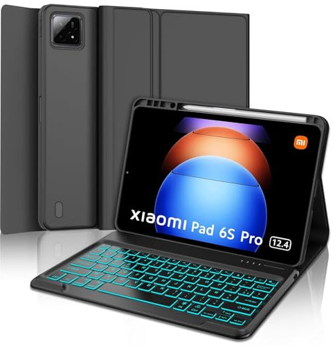 Clavier Xiaomi Pad 6s Pro 12.4, Coque Clavier Xiaomi Pad 6s Pro 12.4, AZERTY Français Clavier rétroéclairé 7 Couleurs, Étui Clavier Détachable Bluetooth pour Xiaomi Pad 6s Pro 12.4 Pouces 2024, Nori