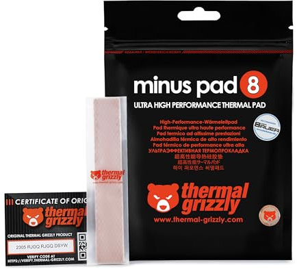 Thermal Grizzly Minus Pad Lot de 2 tampons d'interface thermique non conducteurs, haute conductivité thermique et compressibilité pour SSD, GPU et électronique 8-120 x 20 x 1,5 mm