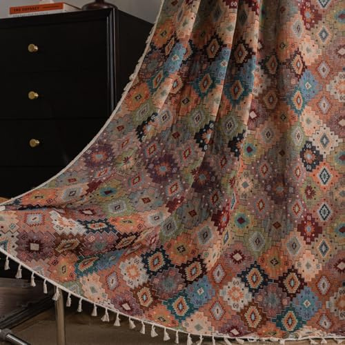 USTIDE Ethnischer Bauernhaus-Diamant-Vorhang, lichtreduzierend, Tribal-Vorhang, 1 Panel mit Quasten, für Schlafzimmer, Wohnzimmer, 150 x 160 cm