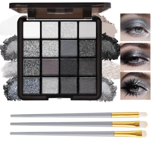 Prreal 16 Colours Smokey Eyeshadow Palette,Silver Black Eyeshadow | Matte Glitter Highly Pigmented Smoky Eye Shadow with Brushes, Halloween Gothic Makeup