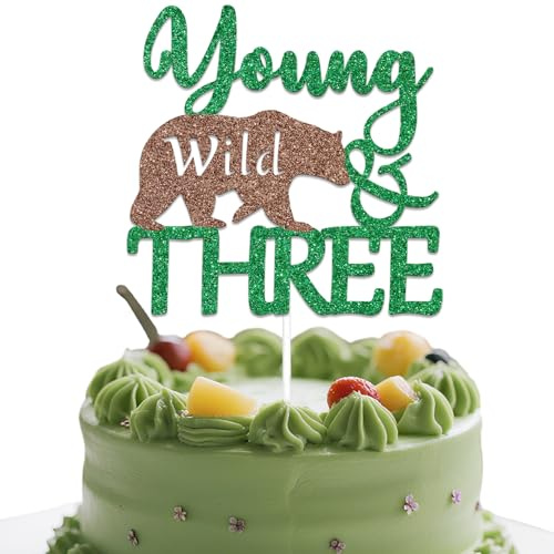 Young Wild & Three Cake Topper Happy 3rd Birthday Tortendeko Dschungel 3. Geburtstag Deko Grün Braun Glitzer