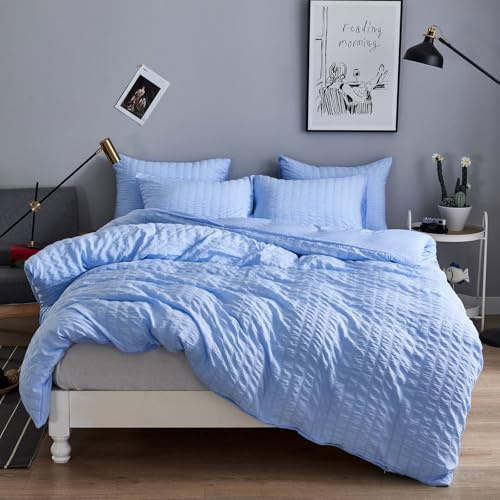 Freyamy Seersucker Bettwäsche 220x240 Blau Geprägt Gestreift Bettwäsche Set | Aesthetic Bettwäsche Mädchen, 3 teilig Unifarben, Microfaser ÖKO-TEX Bettbezug mit Reißverschluss und 2 Kissenbezug 80x80cm