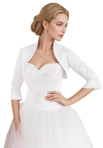 Giacca da sposa da donna, in raso, elegante, con maniche a 3/4, perfetta per sposa, matrimonio e ballo da sera