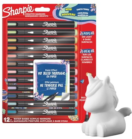 Sharpie Stylos de peinture acrylique – 12 tons terre | Marqueurs à base d'eau pour verre, bois, papier | Pointe ogive | Idéal pour le journal intime et le bricolage | Tirelire licorne gratuite