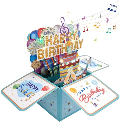 AURIVEE Happy Birthday Geburtstagskarte mit LED-Lichtern, Musik & ausblasbaren Kerzen, 3D Pop-Up Geschenkbox als Geburtstagsgeschenk für Frauen, Männer, Kinder & Erwachsene, Blau