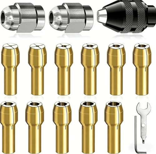 15 Pcs Rotary Tool Chuck Set, 0.8 to 3.2 mm Brass Collet Chuck with Nut Wrench, Quick Change Drill Chuck Accessories Kit for Rotary Tools Metal Engraving Polishing