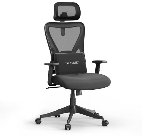 SENSE7 Bürostuhl Ergonomisch - FlowTech™ Schreibtischstuhl mit Verstellbarer Lordosenstütze & Kopfstütze für Lange Arbeitstage - Atmungsaktives Mesh Ergonomischer Bürostuhl bis 150kg – Tone Schwarz
