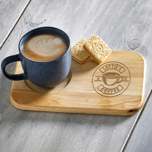 Just Giftz Personalised Tea and Biscuit Serving Board, 23 x 15 x 1.5cm | Handmade wooden board with mug holder and snack slot, custom-engraved, ideal for coffee, cake and gifting.