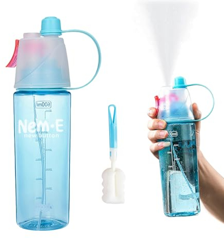 600ml Spray Water Bottle with Cup Brush 2-in-1 Drinking & Misting Sports Bottle Leakproof Water Bottle with Straw for Kids Adults Portable Outdoor Cooling Bottle for Cycling Running Gym Hiking (Blue)