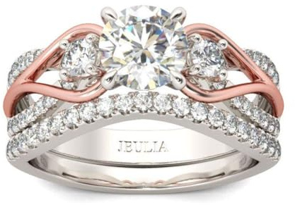 Jeulia Anelli bicolore per donna Anelli di fidanzamento in oro rosa a tre pietre con taglio rotondo Anello da sposa Halo in argento sterling Set Anniversario Promessa Fede nuziale (oro, 16)