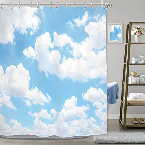 LIGHTINHOME Duschvorhang, Motiv: Blauer Himmel, weiße Wolke, natürliche Landschaft, wasserdichter Stoff, 183 x 183 cm, Polyester, Badezimmer, Badewanne, Dekoration, 12 Stück Kunststoffhaken