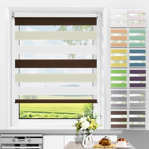 Allesin Doppelrollo Klemmfix ohne Bohren & mit Bohren, Duo Rollos für Fenster und Tür, Klemmrollo Fensterrollo lichtdurchlässig, Sichtschutz und Sonnenschutz, 55x130cm (BxH), Weiß-Beige-Braun
