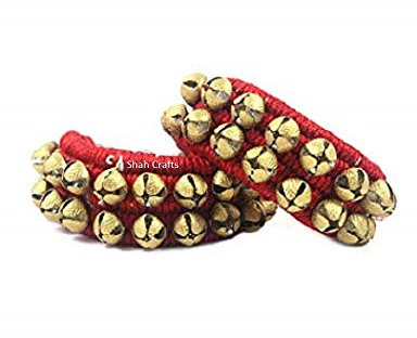 Kathak Tanzende Ghungroo Fußkettchen / Musik-Fußkettchen, 1 Paar, indische klassische Tänzer, Musikinstrument, 2-reihig gebunden mit Baumwolle rot Pad rot 20 + 20 Glocken