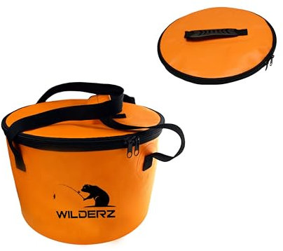 CAMPERZ Faltbarer Eimer, Faltschüssel für Angeln, Gartenarbeit - zusammenklappbarer Falteimer, Wassereimer, Angel Eimer mit Deckel und Reißverschluss 15 Liter (Orange, 15 Liter)