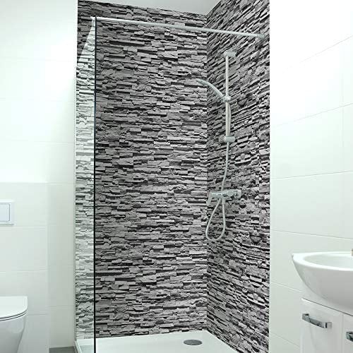 DRUCK-EXPERT Premium Duschrückwand 0,4 mm selbstklebendes Hart-PVC, Größe:2 x B 103 x H 240 cm Hochformat, Muster:Steinwand grau