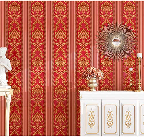 Prior.choice 9.5X0.53M Vintage Luxury Stripes Gold Damask 6 Colors Embossed Textured Non-Woven Wallpaper Roll for Bedroom Livingroom 1.73' W x 31.2' L=5.035㎡ (54sq.ft) (Red)