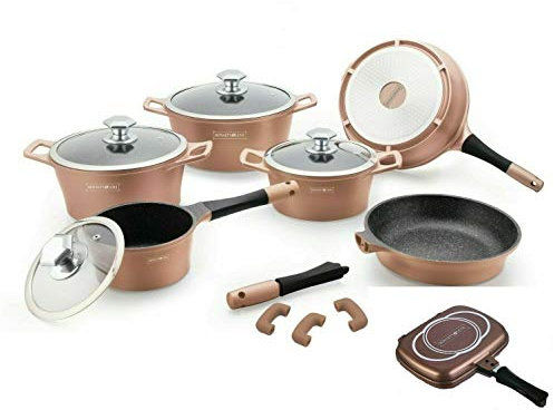 royaltyline Set Batteria di PENTOLE 16 Pezzi Professionale in Pietra LAVICA Colore Rame