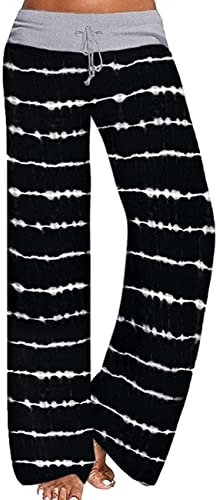 AMYTIS LINGERIE Damen Yoga-Hose Schlafanzughose weich Pyjamahose Fitness Lange Stretch Drawstring Hosen Freizeithose Strandhose Weites Bein Hose,BLACK#0625,XXL