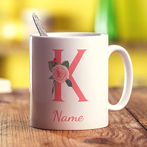 Printster Personalised Pink Floral Initial Mug - Add Any Name - Gift for Birthday-K - 11oz Ceramic Cup