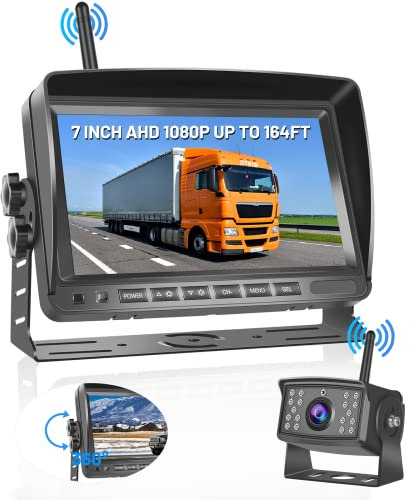 Hikity Kabellos Digital AHD Rückfahrkamera Set mit 7‘’ Split-Screen Monitor IPS Bildschirm & IP66 wasserdichte 18IR Nachtsicht Auto Rückfahrkamera, 12-36V für Auto LKW Wohnmobil Anhänger Van