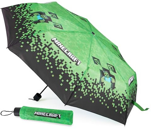 Minecraft Regenschirm für Kinder - Ausziehbar, Winddicht, Leicht und Lustig Design - Ideal für Regentage (Grün/Schwarz)