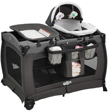 Pamo Babe Pack and Play with Bassinet Baby Playpen Foldable Playard with Changing Table Portable 4 in 1 Baby Playard