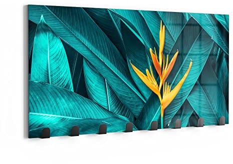 DEQORI Wandgarderobe Glas & Metall | Motiv Exotische Tropenblüte | 60x30 cm | Design Haken-Leiste modern | Garderoben-Paneel für Flur, Wohnzimmer & Schlafzimmer | magnetisch & beschreibbar