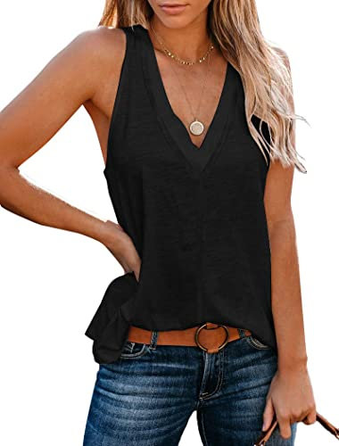 Famulily V Ausschnitt Top Damen ärmellose T-Shirts Für Damen Schwarz S
