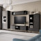 Wohnwand Set (Vitrine, Hängeschrank, TV Lowboard, Highboard) und Couchtische in Esche schwarz Nb., inkl. LED Beleuchtung, Industrial Design, B/H/T ca. 320/190/41 cm
