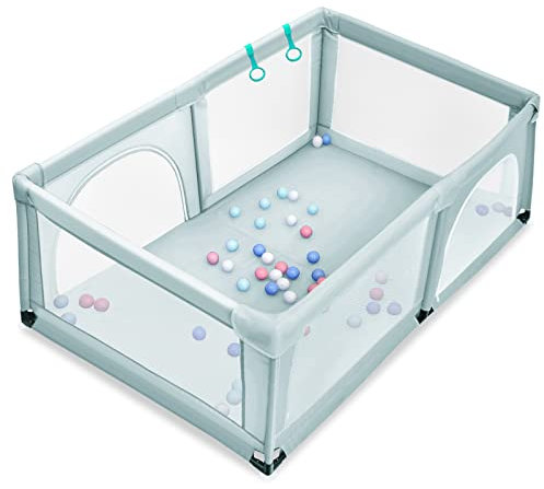 DREAMADE Laufgitter Baby mit Tür, 190 x 120cm Laufstall mit 50 Bunten Bällen & 2 Türem, Absperrgitter für Baby ab 10 Monate, Aktivitätszentrum Schutzgitter (Blau)