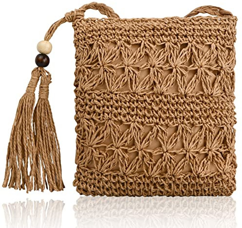 Sac à Main Tissé en Paille pour Femme Une Épaule, Sac à Bandoulière de Plage D'été, Bohême, avec Gland et Fermeture éclair, Sacs à Main Messager (Brun)