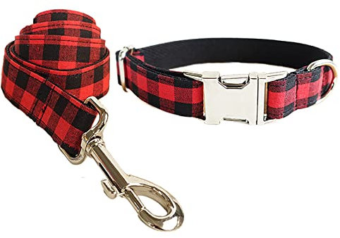 RC GearPro Nylon Adjustable Dog Collar Khaki Plaid Pattern Zinc Alloy Metal Easy to Use Buckle Dog Collar, Pet Collar Leash Rope Set for Small Medium Large Dogs, Collar M + Lead 120cm, Red Plaid