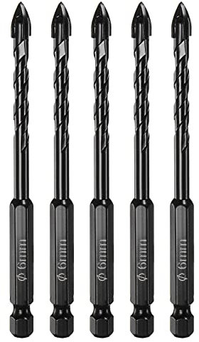 sourcing map 5 brocas de mampostería, broca de hormigón de 6 mm, vástago hexagonal de 1/4 pulgadas, punta de carburo para ladrillo, vidrio, plástico, azulejos de cerámica, espejo de pared, color negro