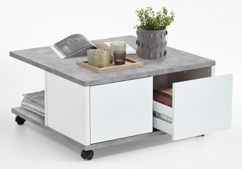 Wohnorama Twin 1 Couchtisch auf Rollen von FMD Beton/Weiss Edelglanz