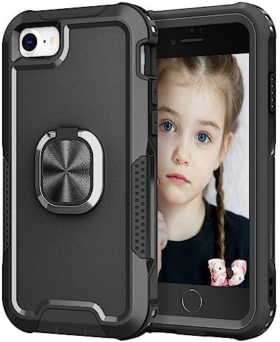 Knoowcase for iPhone SE 2022/ SE 2020 Case Shockproof iPhone 8/7 Phone Case with Ring Military Grade Protective TPU Bumper Hard PC Back Cover Built-in Magnetic Kickstand Car Mount, Black