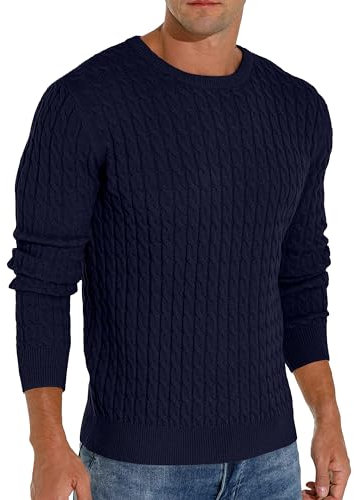 Hisir Men's Winter Cable Knit Jumpers Casual Crew Neck Warm Long Sleeve Pullover Sweater Tops for Men (Navy Blue, L)