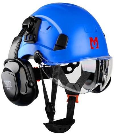 Mustbau Construction Hard Hats Ventilated Safety Helmet with Clear Visor,Hearing Protection,Earmuffs and Chin Strap,53 to 63 cm Adjustable Hard Hat for Forestry, Chainsaw, Industrial