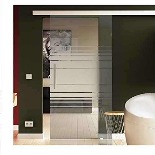 SoftClose/SoftStop Glasschiebetür 900x2050 mm Milchglas Satiniert im Horizont-Design (H) Sadora® SlimLine-System komplett Laufschiene und Stangengriff beidseitig.